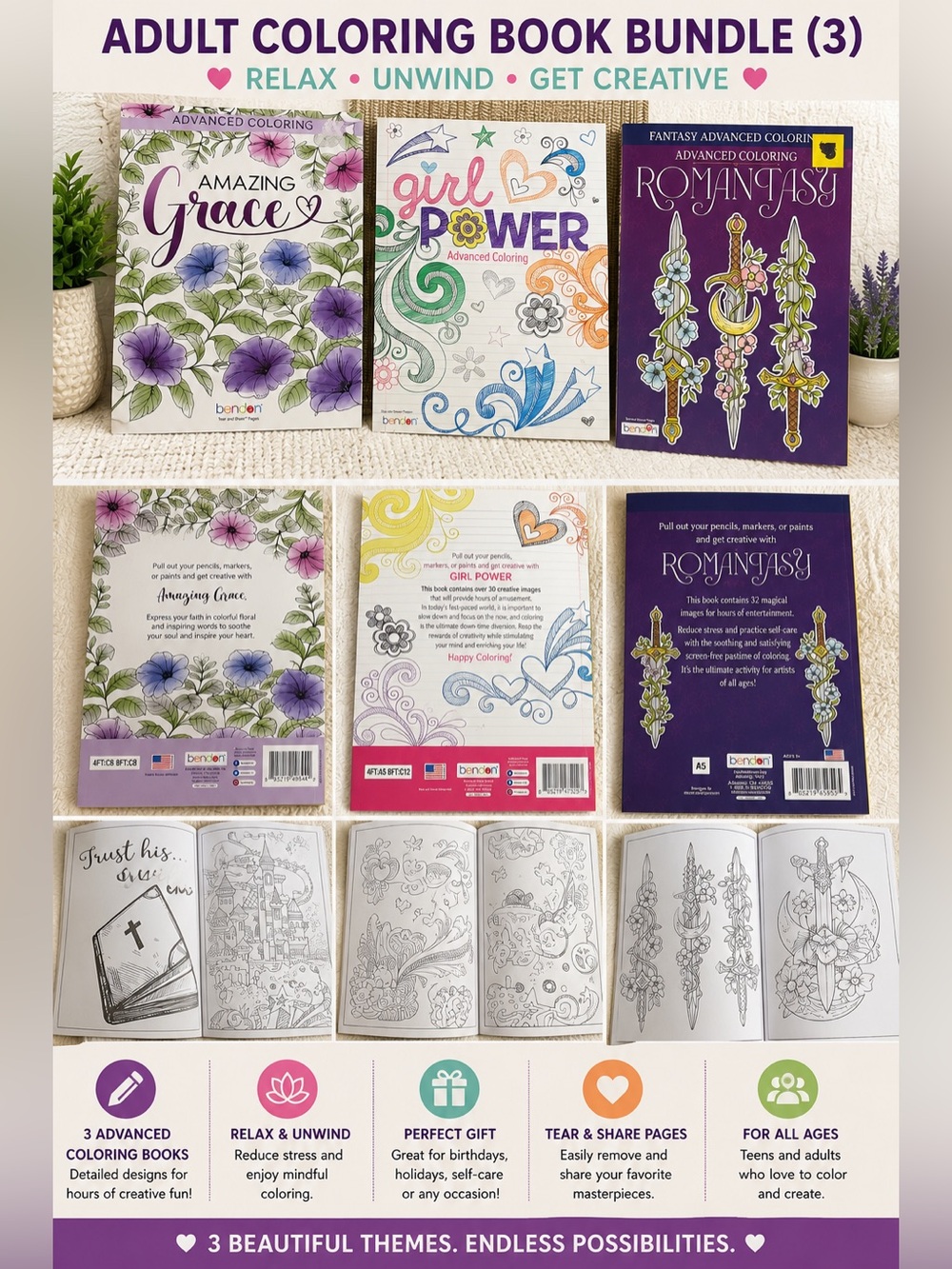 Bendon Advanced Adult Coloring Book Lot of 3 Amazing Grace Girl Power Romantasy